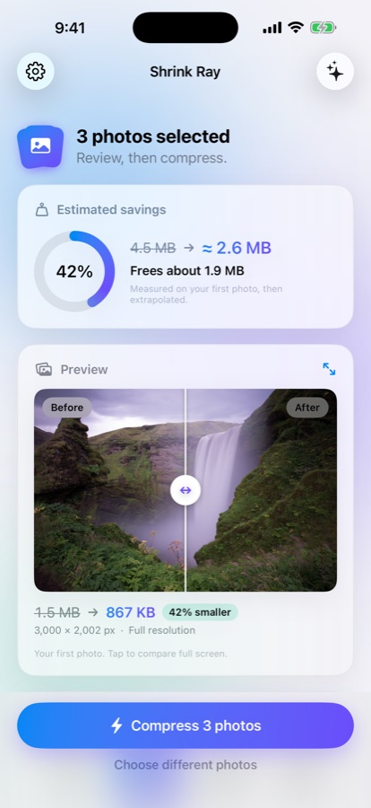 Review screen with the expected size